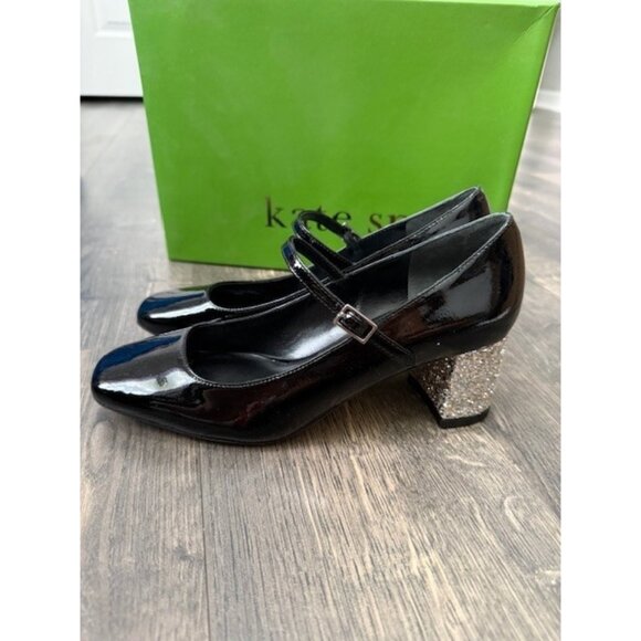 Kate Spade Kornelia Black Patent ankle strap Sz 5.5 Glitter Block heel Mary Jane - Picture 1 of 13